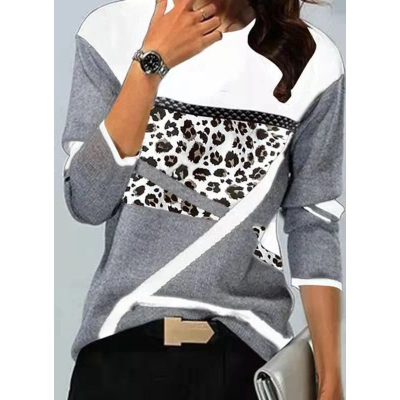 Uveng Loose Color Printed Round Neck Long Sleeve T-shirt