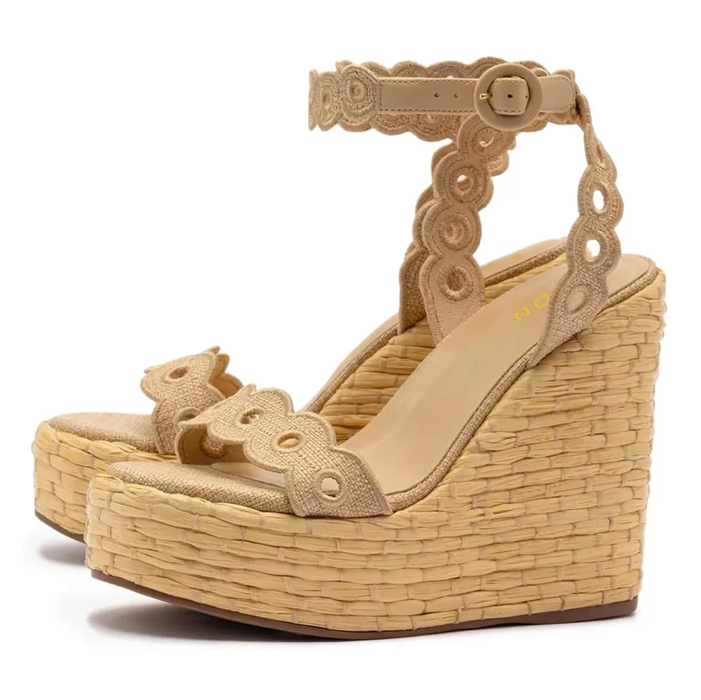 YDN Beige Fabric Open Toe Cut-Out Strap Platform Wedge Sandals