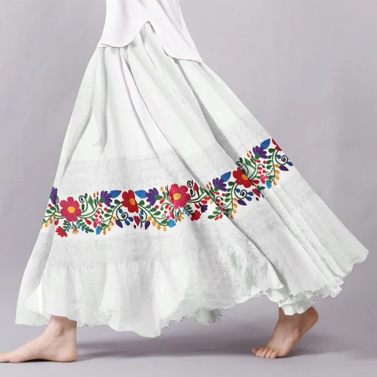 Vintage Cinco De Mayo Floral Embroidered Pattern Flowy Wide Skirt