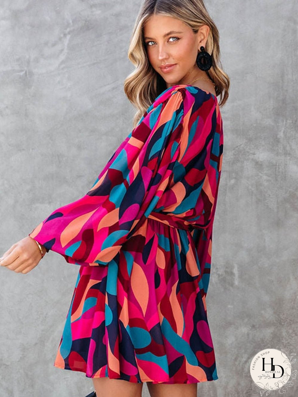 Lapel Print Lace-Up Long Sleeve Dress