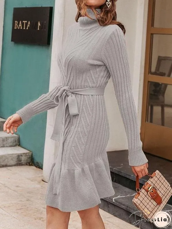 Ruffle Hem Belted Sweater Dress for Women