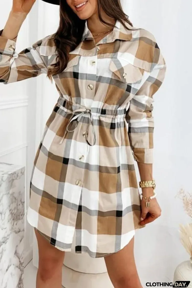 Plaid Drawstring Waist Long Sleeve Dress