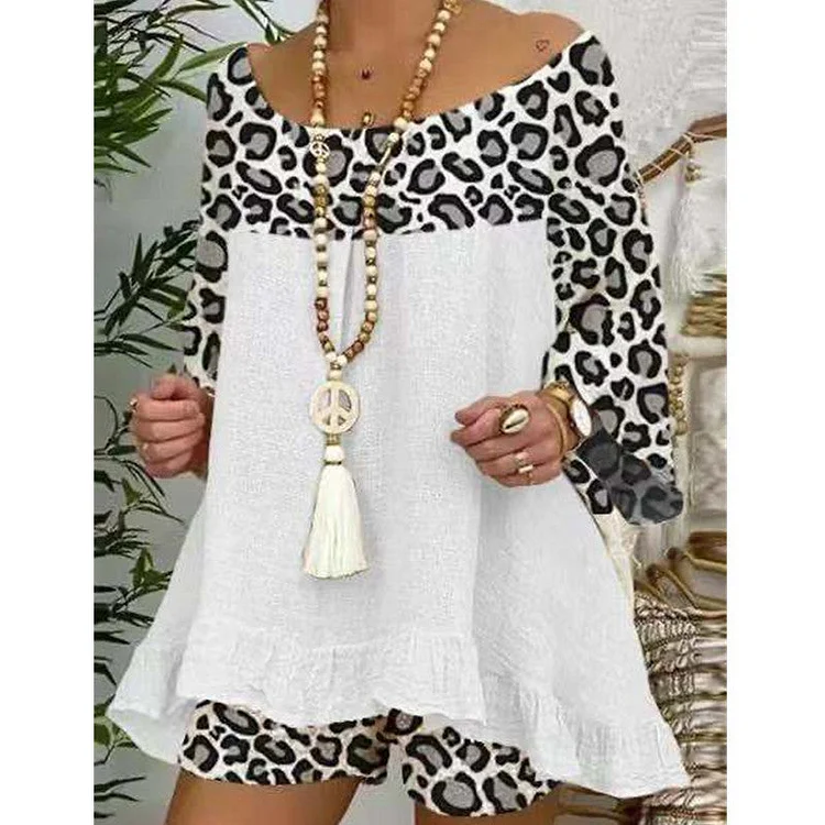 Fashion leopard print stitching loose plus size cotton and linen suit for women socialshop