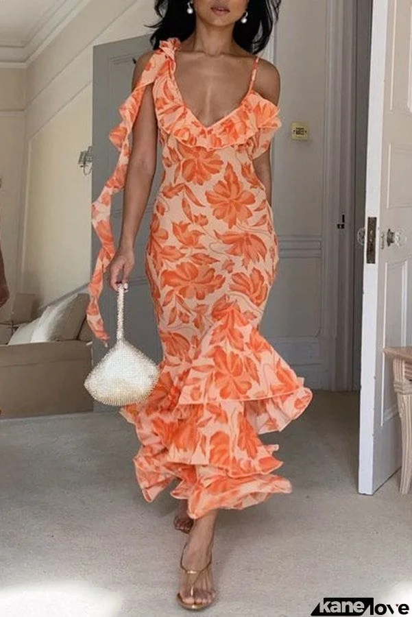 Sweet Like Honey Floral Print Rufffle Tiered Fishtail Maxi Dress