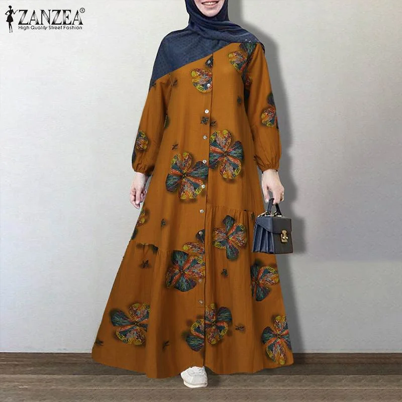 ZANZEA Vintage Floral Printed Sundress Autumn Long Sleeve Loose Maxi Long Vestido Women Retro Dubai Abaya Turkey Hijab Dress