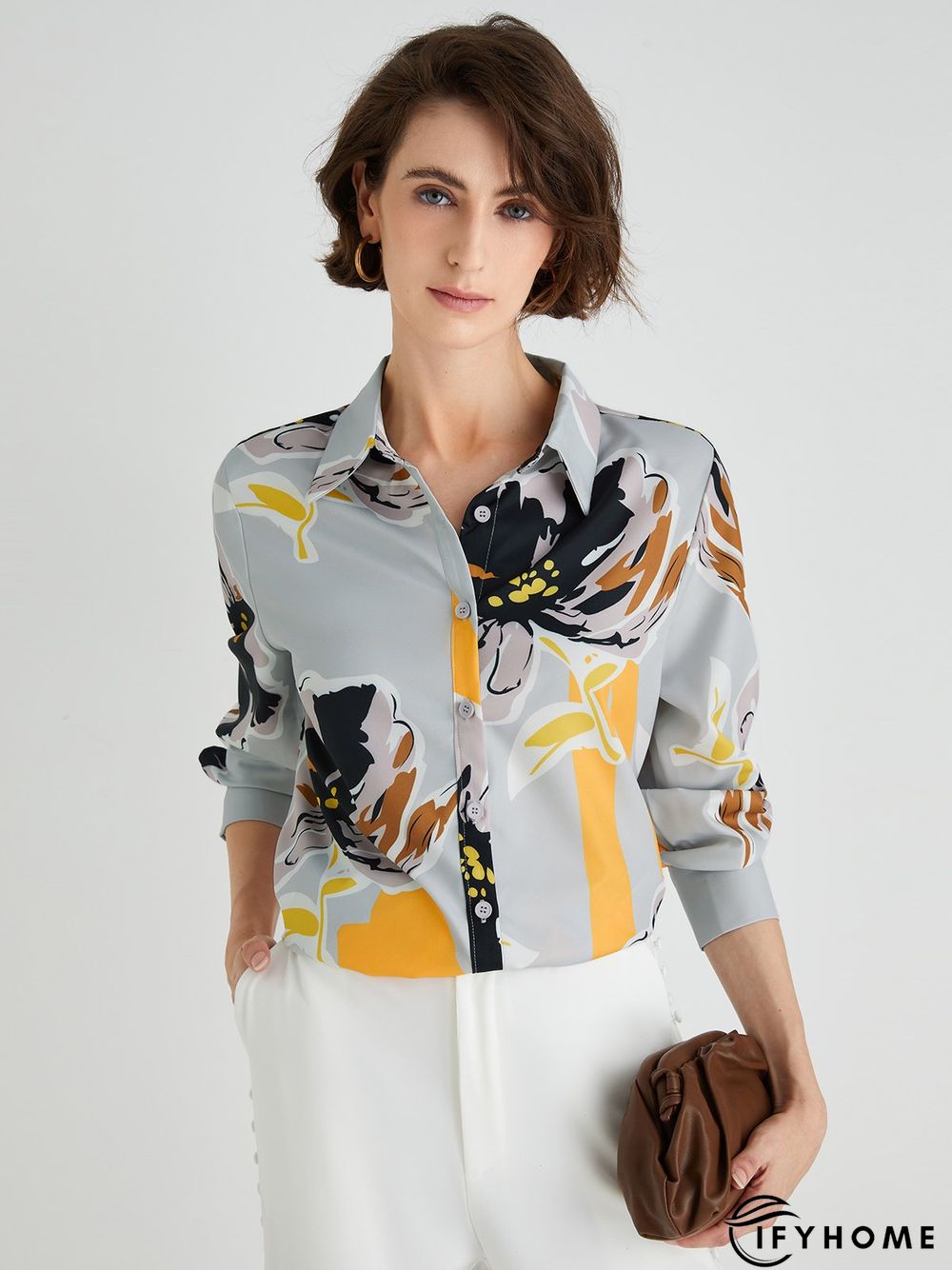 Elegant Floral Shirt Collar Long Sleeve Blouse | IFYHOME