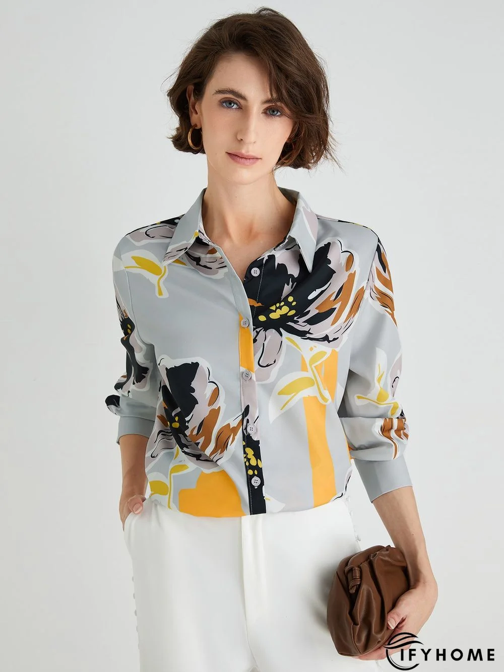 Elegant Floral Shirt Collar Long Sleeve Blouse | IFYHOME