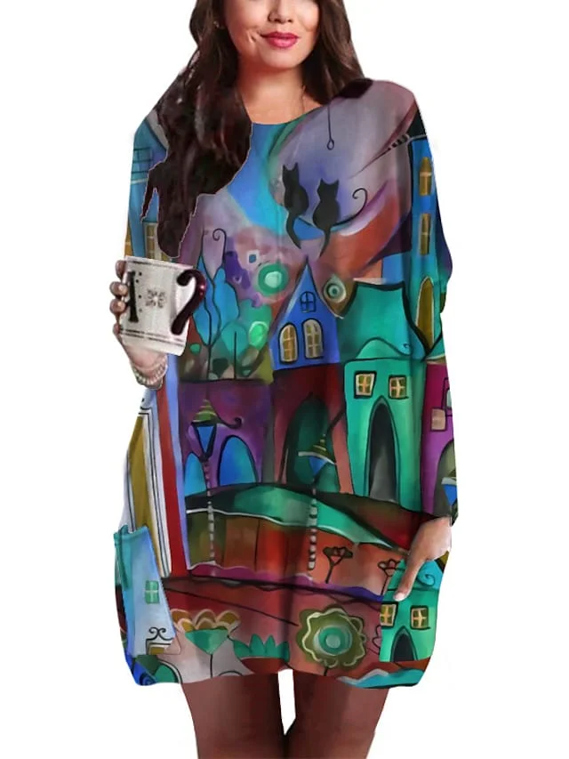 Women's Plus Size Holiday Dress Graphic Crew Neck Print Long Sleeve Fall Spring Basic Short Mini Dress Causal Daily Dress / Regular Fit | IFYHOME