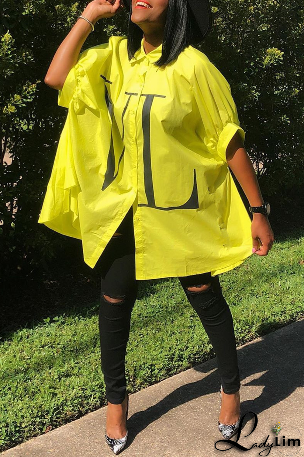 Green Fashion Print Patchwork Turndown Collar Tops