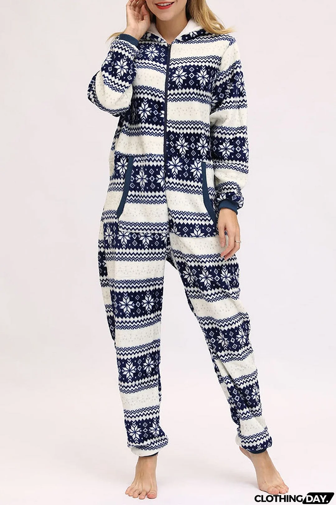 Christmas Printed Zipper Hooded Jumpsuits