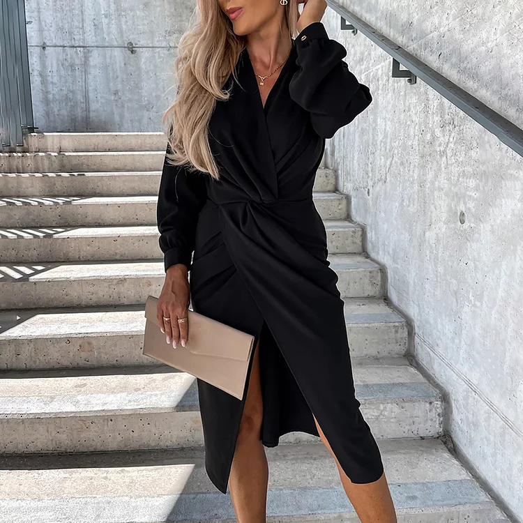 Comstylish Elegant Solid Ruched Midi Dress
