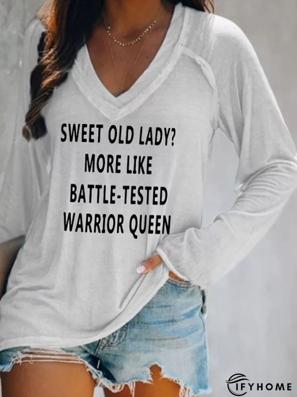 Letter Long Sleeve V-neck Casual Tunic T-Shirt | IFYHOME