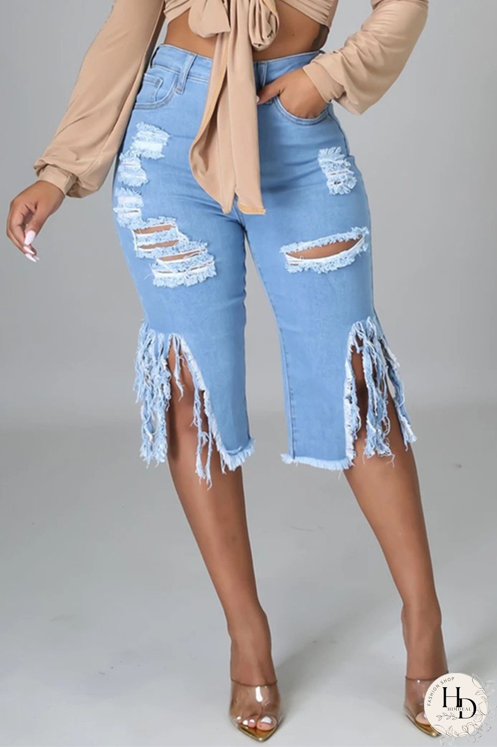 Black Fashion Casual Solid Ripped High Waist Regular Jeans