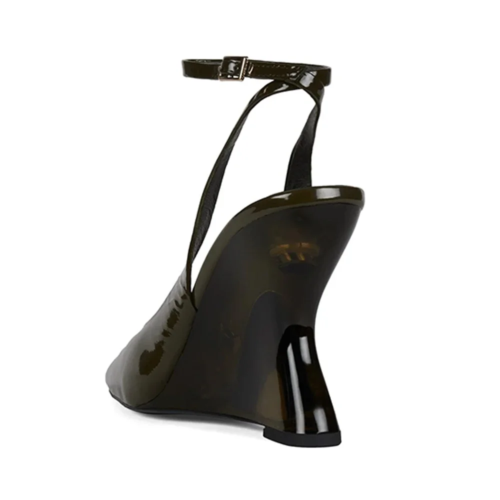 Olive Square Toe Wedge Heel Ankle Strap Slingback Pumps for Women