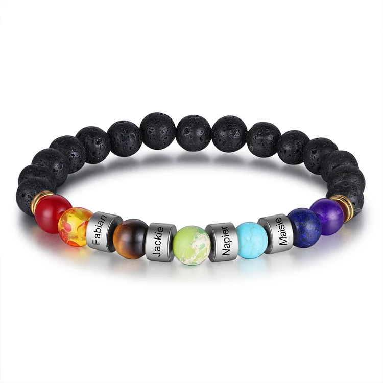 Personalized Men 7 Chakra Bracelet Engraved 4 Names Natural Volcanic Stone