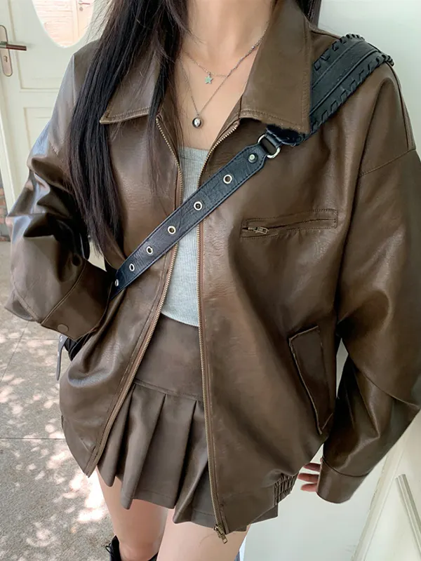 Vintage Brown Lapel Neck Zip Up Leather Jacket