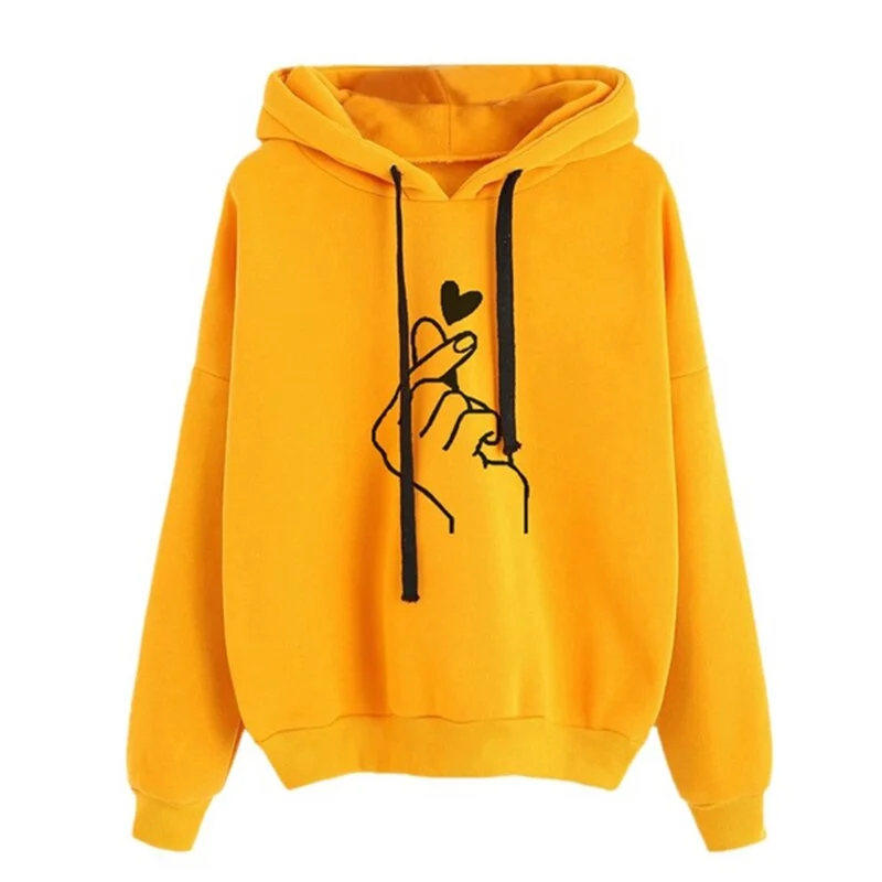 Women Hoodies Fashion Finger Heart Love Pattern Hooded Sweatshirts Autumn Winter Casual Drawstring Long Sleeve Female Pullovers
