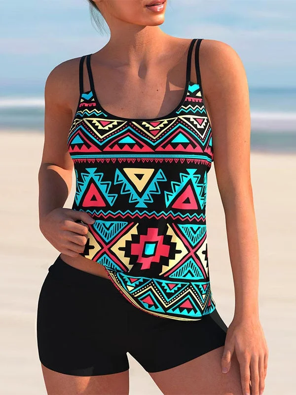 Plus Size Swimwear Sleeveless Geometric Graphic Printed Tankini