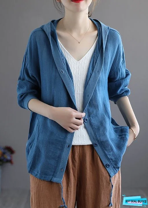 Plus Size Khaki Hooded Button Drawstring Cotton Coat Fall