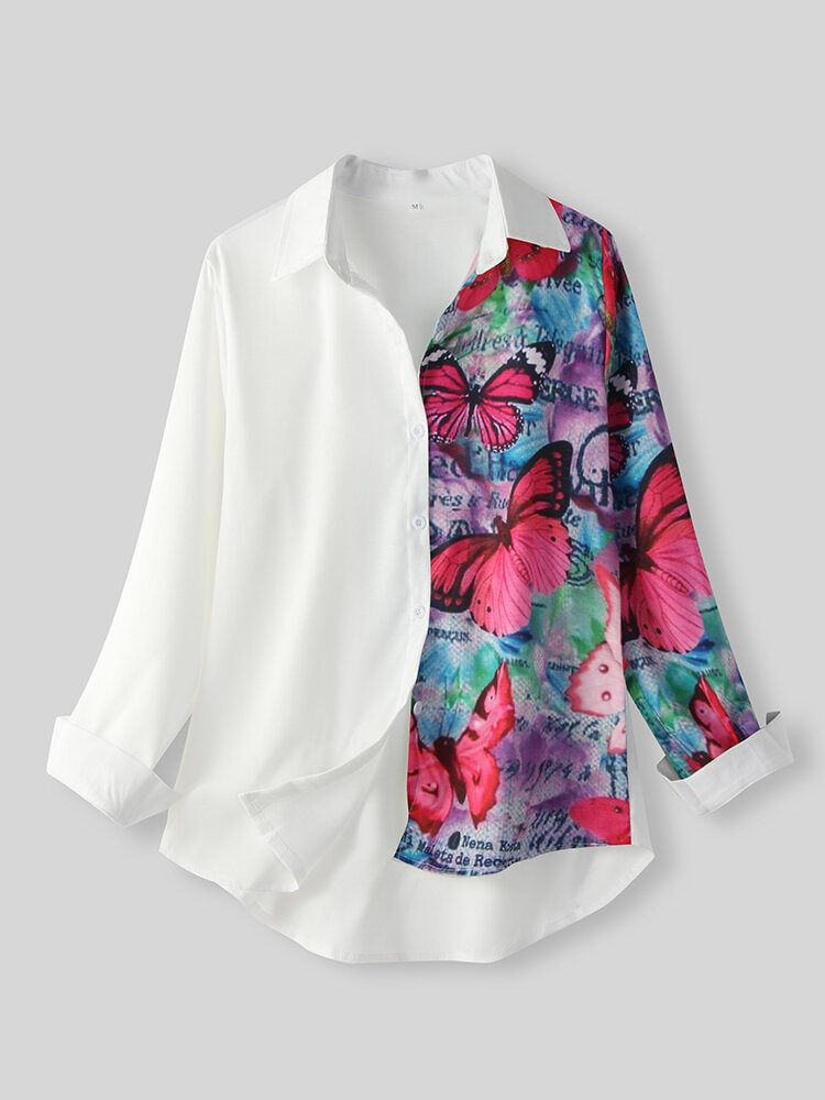 Butterfly Print Button Patchwork Long Sleeve Casual Shirt For Women P1799992