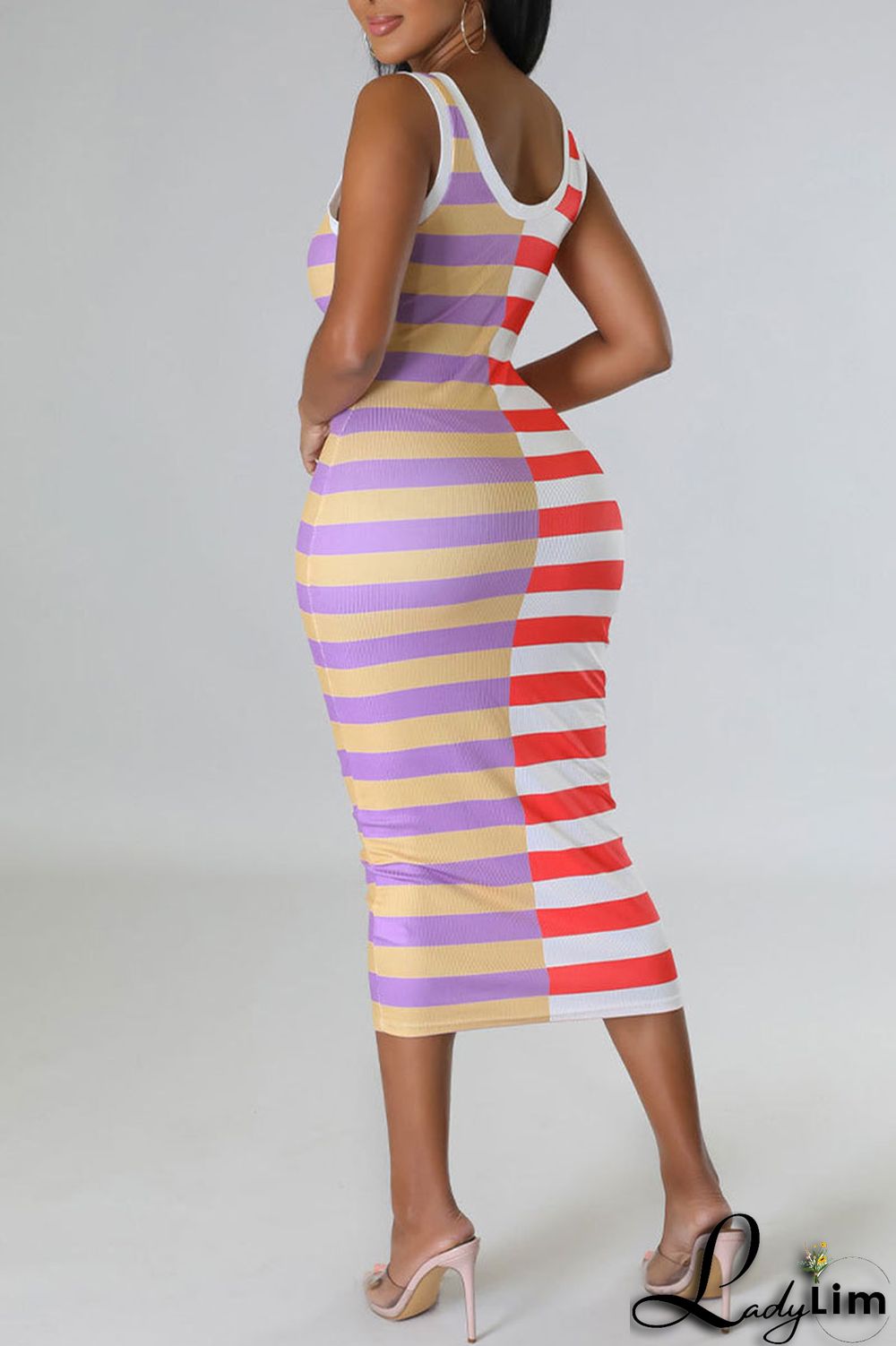 Blue Casual Striped Print Patchwork U Neck Pencil Skirt Dresses