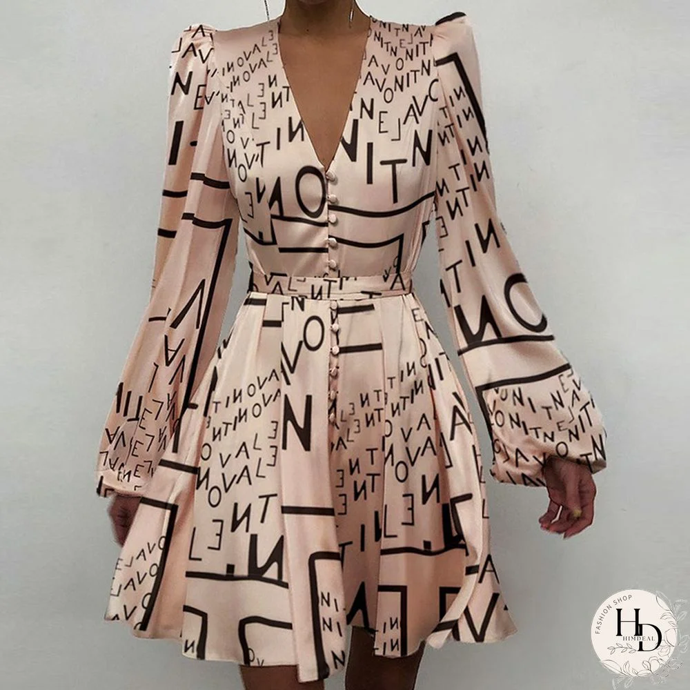 V-neck Temperament Slim Dress Lantern Sleeve Skirt