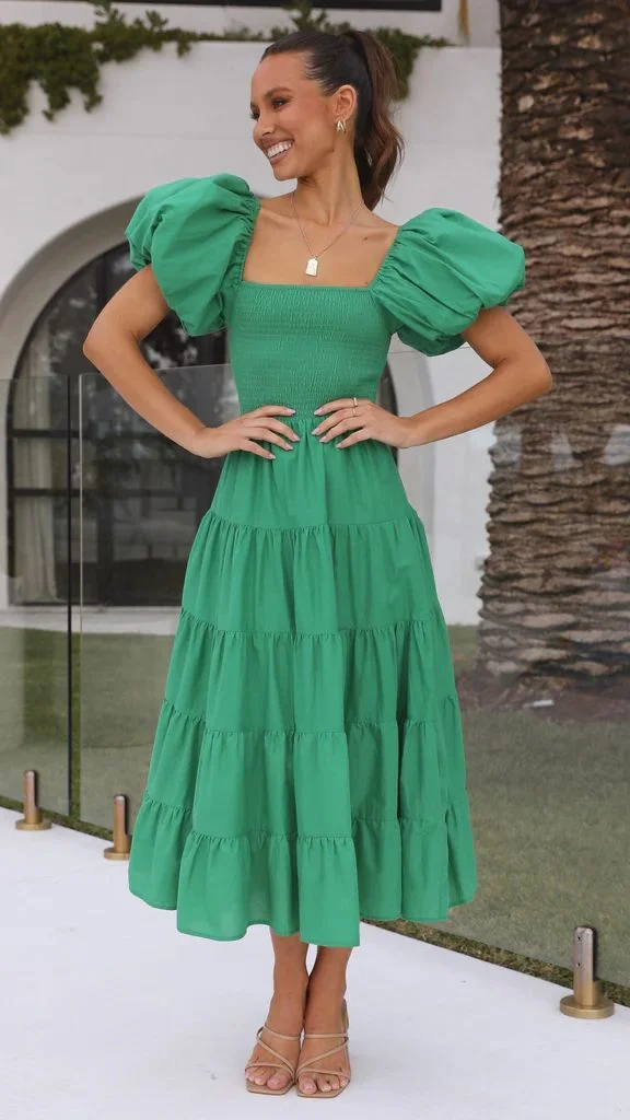 Uveng Puff Sleeve Holiday Slim Looking Long Dresses