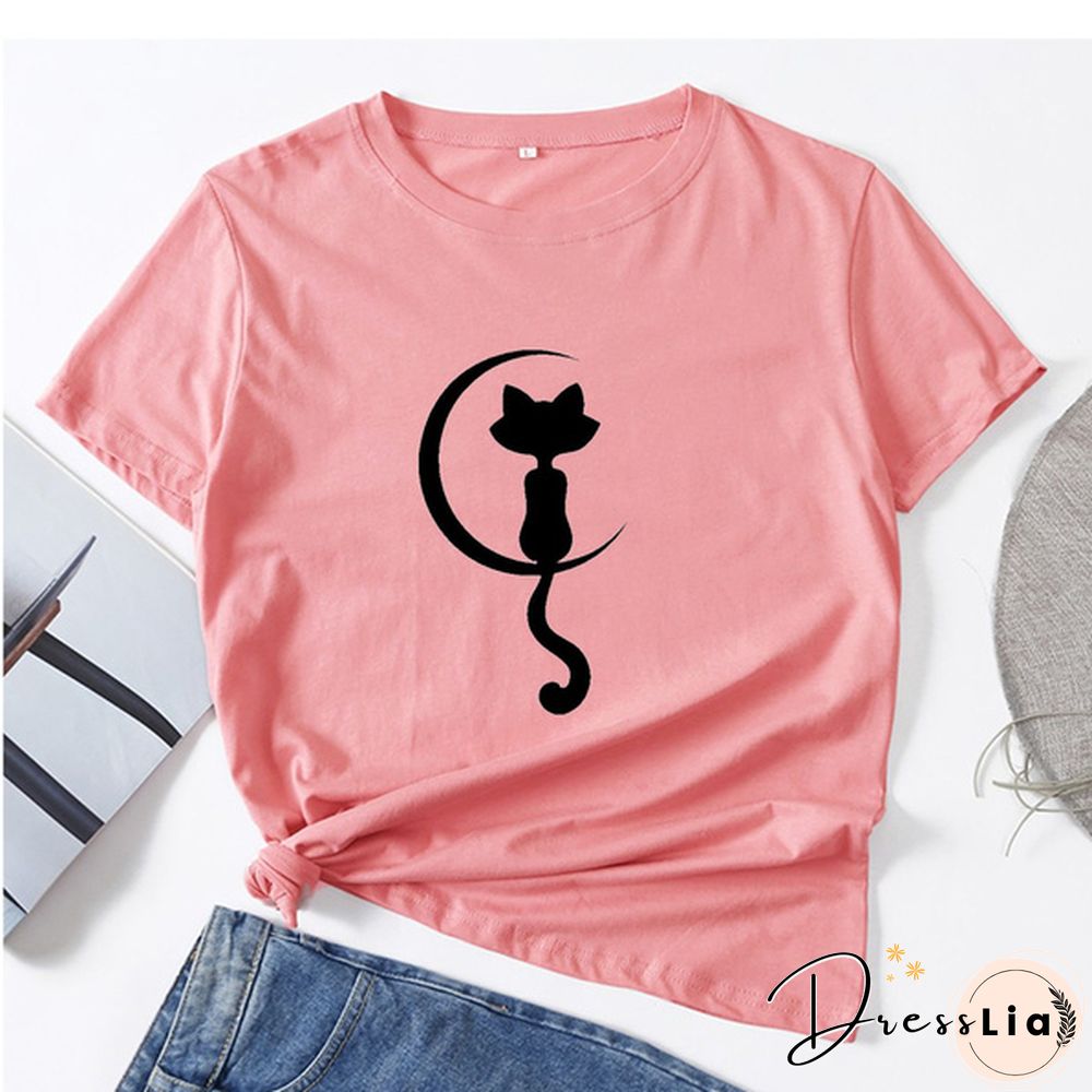 Women Fashion Cat Print T-shirt Summer Casual Short Sleeve Tee Shirt Ladies Round Neck Loose T-shirt