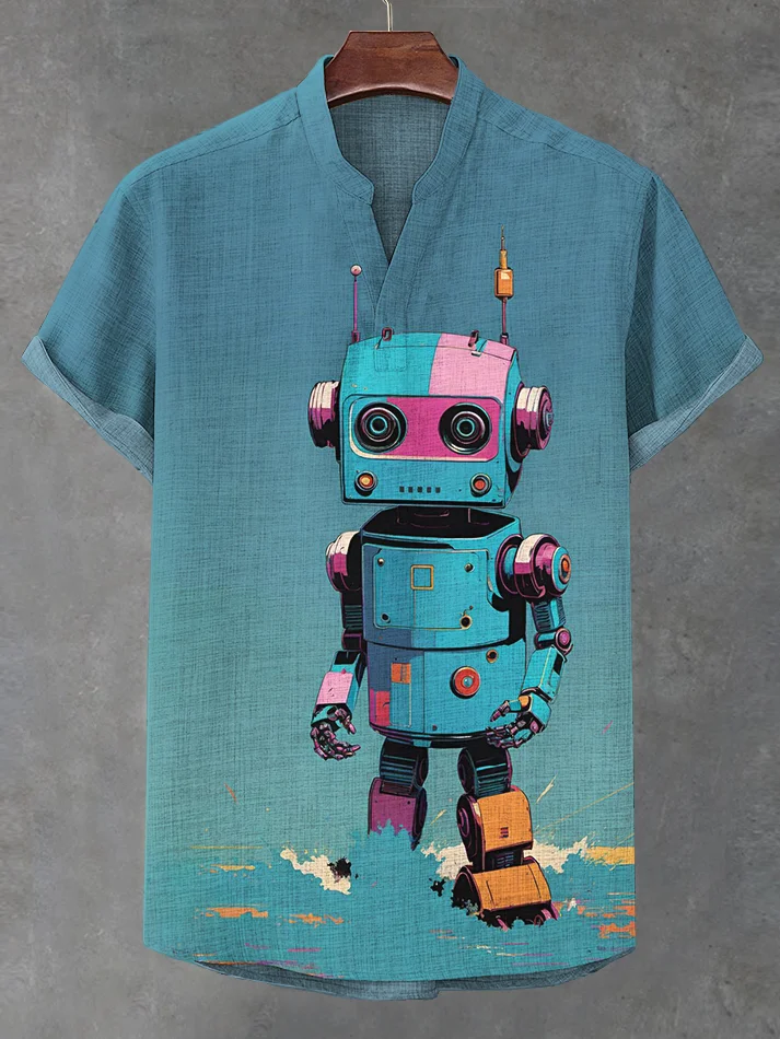 Men's Colorful Robot Art Print Casual V Neck T-Shirt