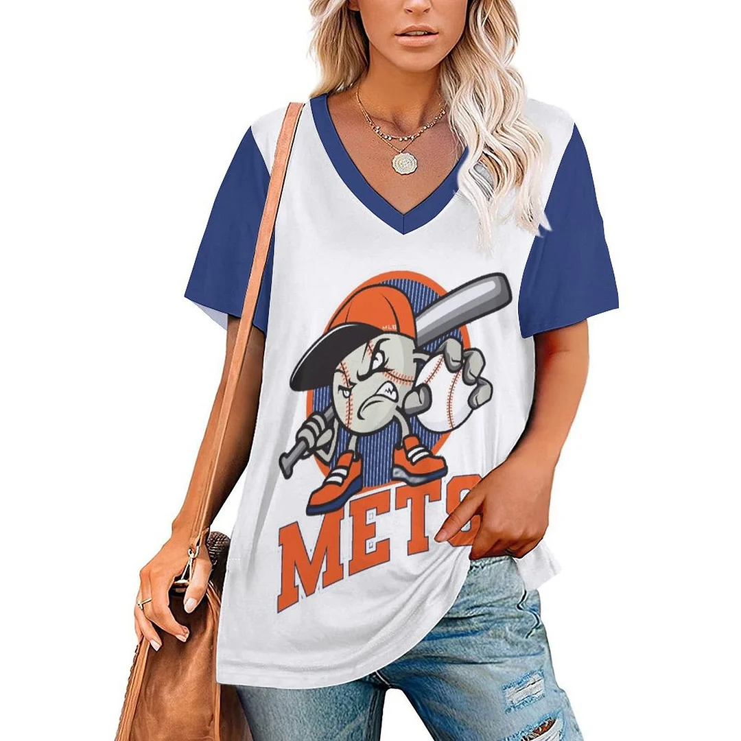 V-neck Short Sleeve Casual T-shirt for  Women Printed with Pattern , Blue, Red