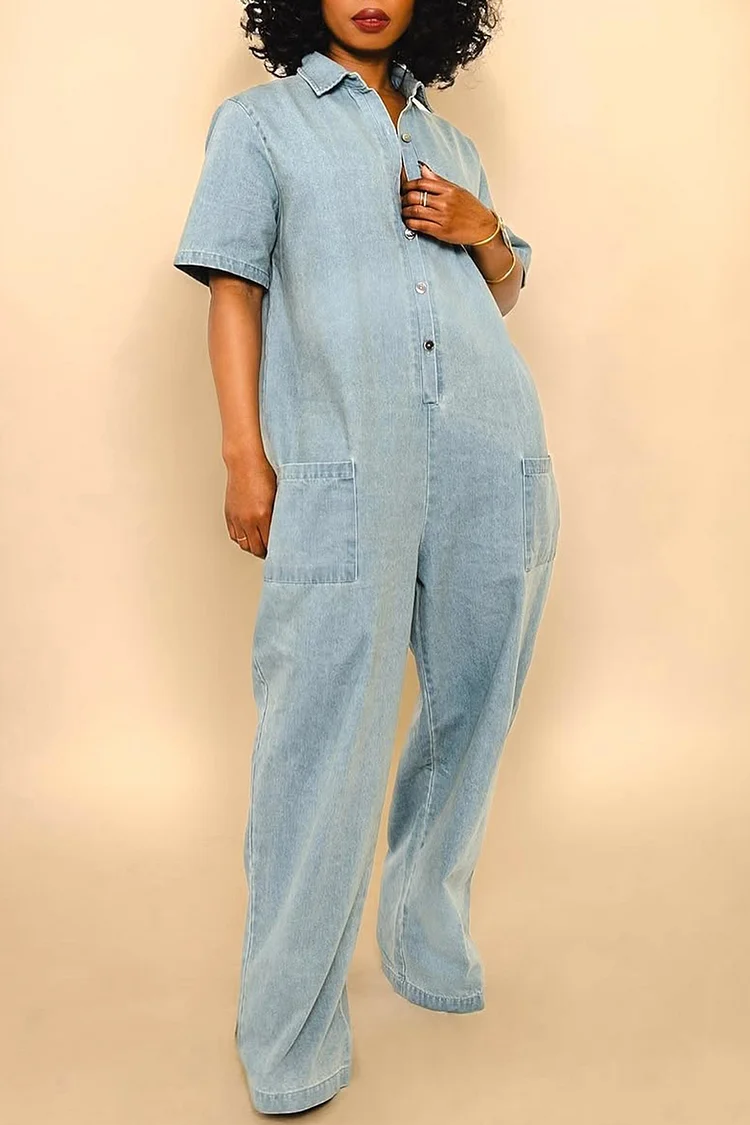 Plus Size Daily Light Blue Casual Turndown Collar Short Sleeve Pocket Zipper Denim Jumpsuits [Pre-Order] 2024 - Xpluswear