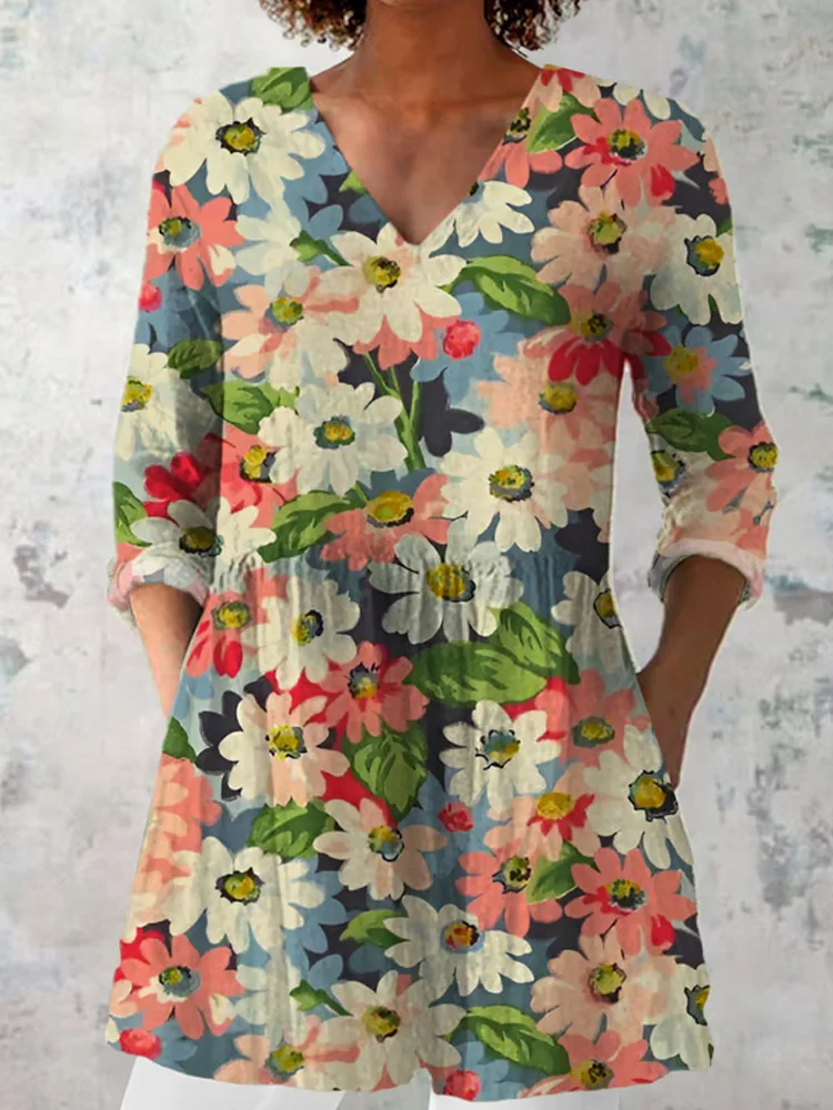 Women's Vintage Floral Cotton And Linen Top