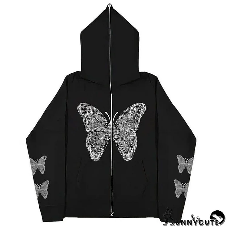 Dark Butterfly Skeleton Print Full Zip Hooded Sweatshirt