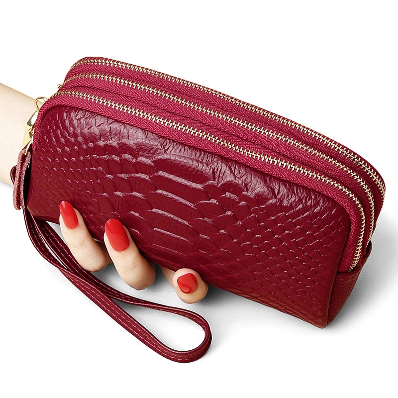 Clutch Bag Women’s High-end Small Bag Genuine Leather Fashionable Snake Pattern Three Zipper Large Capacity Clutch Bag Long Wallet For Women