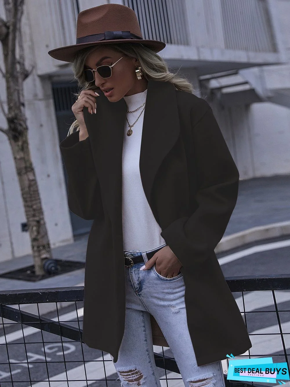 Solid Color Double Pocket Loose Woolen Coat
