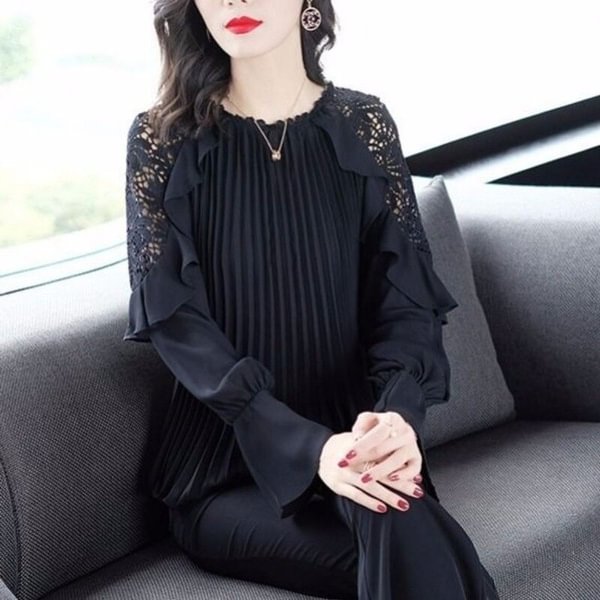 Black Hollow Crochet Long-sleeved Ruffled Chiffon Shirt New Spring Autumn Striped Pleated Bottoming Shirt Women Plus Size - Life is Beautiful for You - SheChoic
