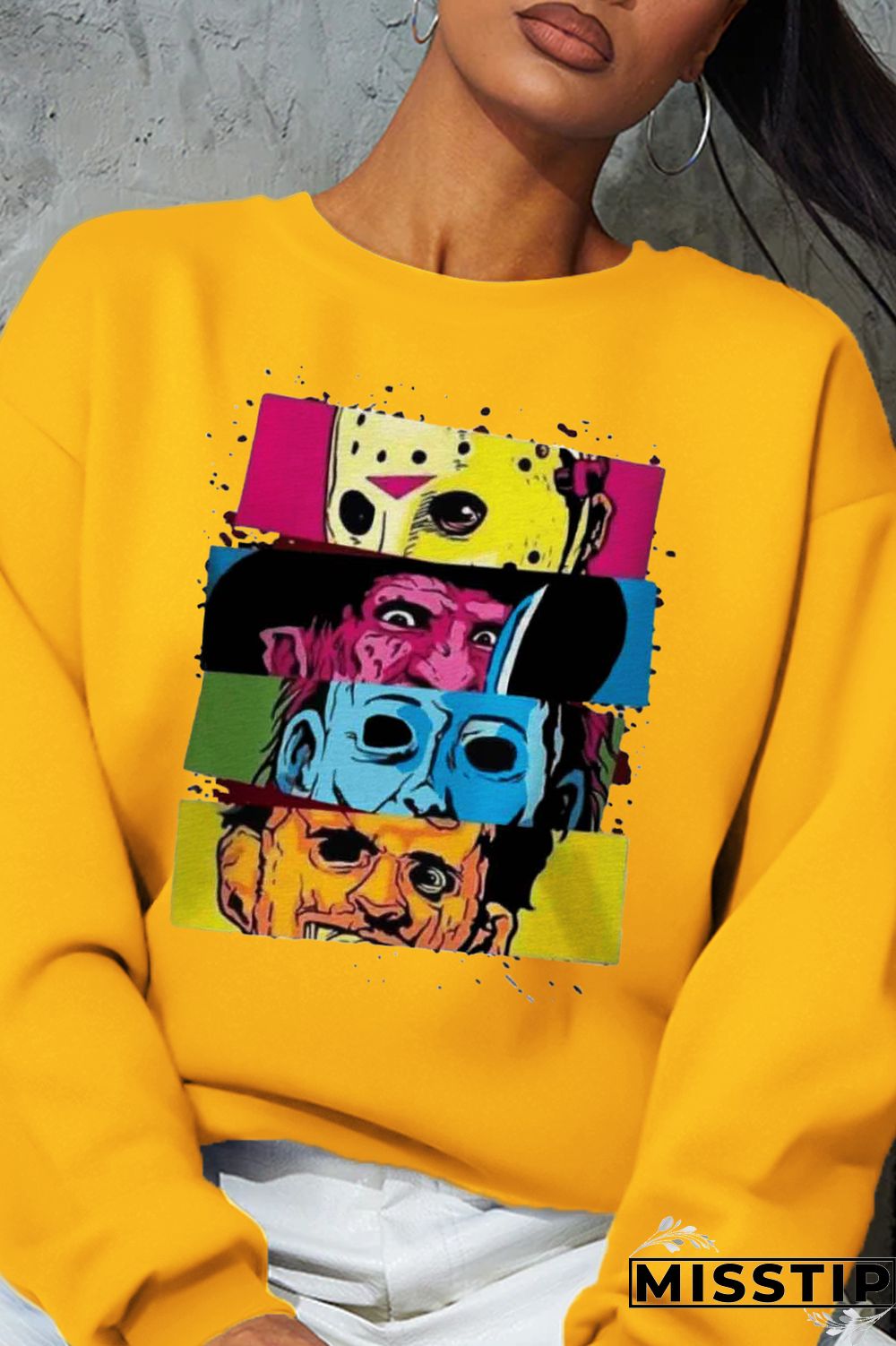 Yellow Party Print Patchwork O Neck Tops