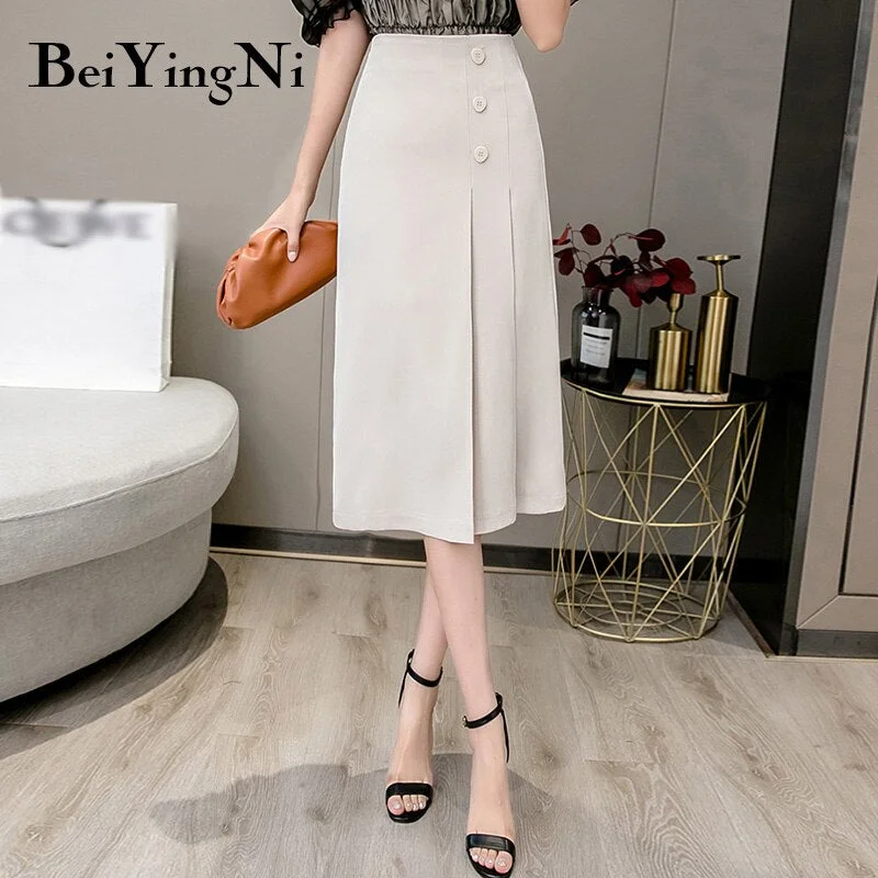 Beiyingni Elegant Office Ladies Skirts High Street 2020 Summer OL Korean Buttons Midi A Line Skirt Women Work Wear Saias Mujer