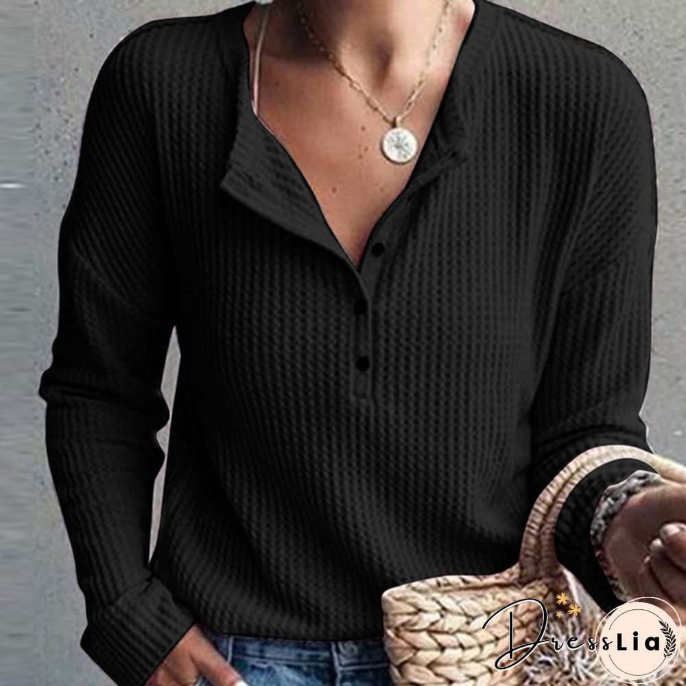 ZANZEA Women Long Sleeve Henley Waffle Top Spring Autumn Casual Slim Blouse