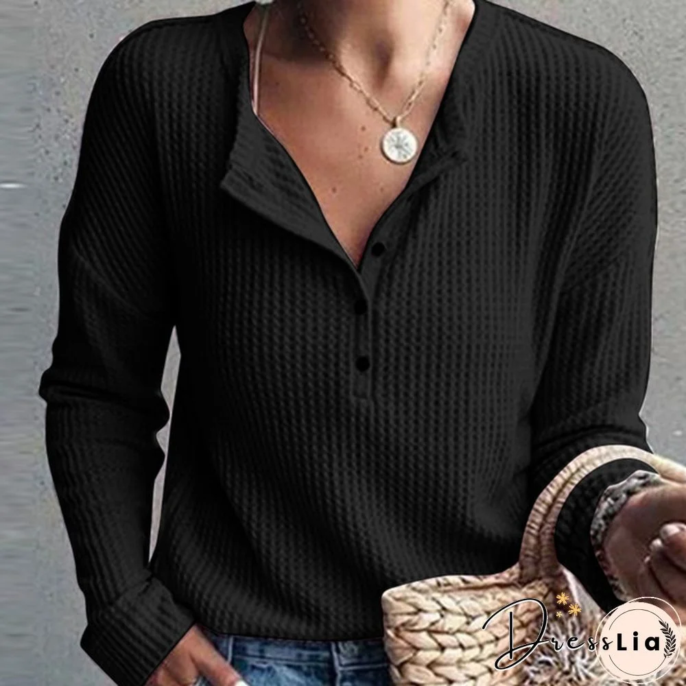 ZANZEA Women Long Sleeve Henley Waffle Top Spring Autumn Casual Slim Blouse