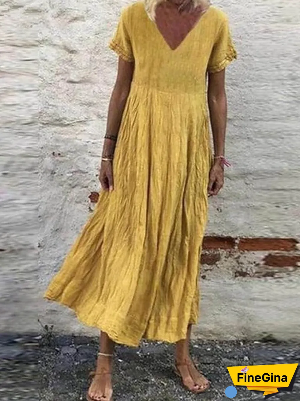 Women's Plus Size A-Line Dress Midi Dress - Short Sleeves Summer V Neck Casual  White Black Yellow Orange Green S M L XL XXL XXXL XXXXL XXXXXL White Dresses Linen