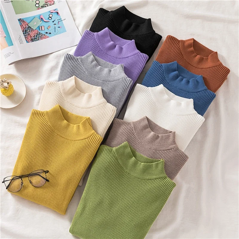 Zoki Autumn Women Pullover Sweater Half Turtleneck Long Sleeve Knitted Jumper Winter Elastic Solid Basic Ladies Blouse New 2021