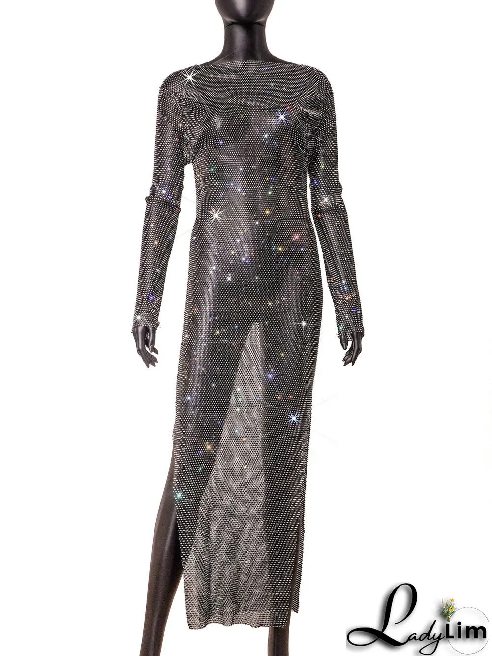 Women's Side Slit Party Night Round Neck Long Sleeve Sparkly Beaded Maxi Dress