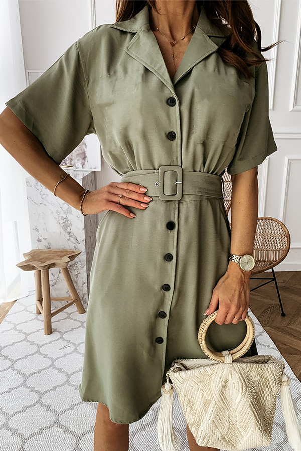 Casual Solid Buckle With Belt Turndown Collar Dresses(3 Colors)