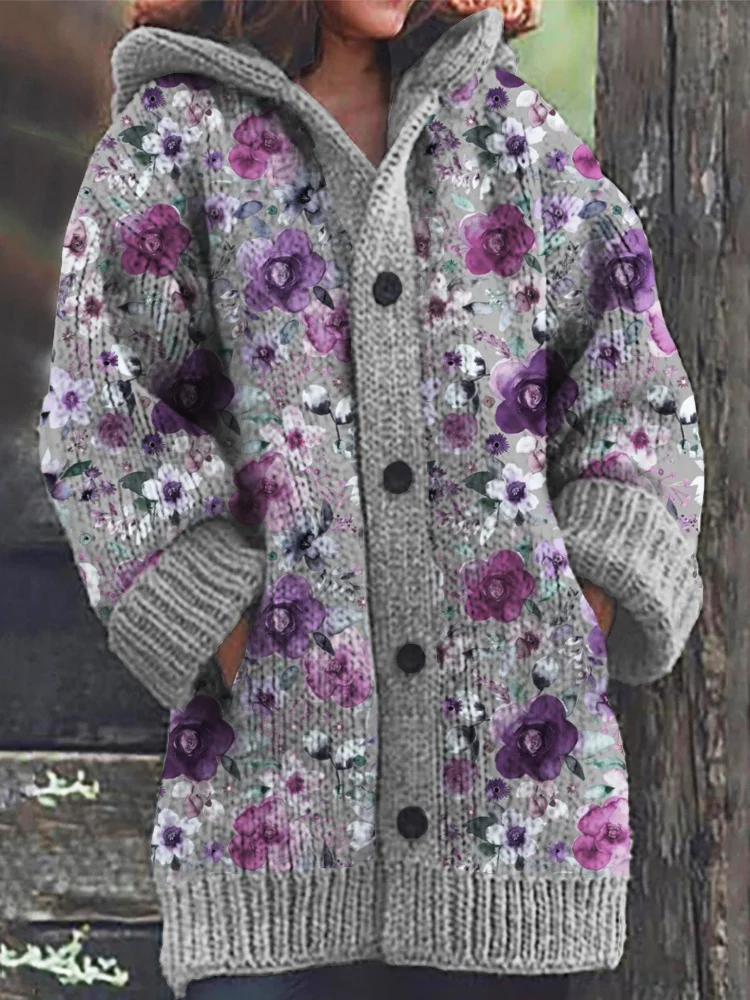 VChics Watercolor Floral Print Cozy Long Cardigan Sweater