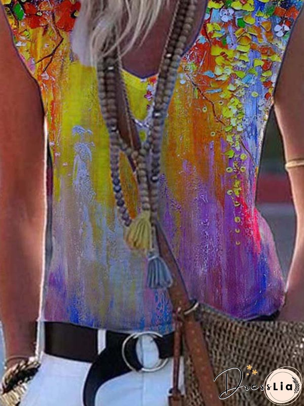 Printed Sleeveless Casual V Neck Shirts & Tops