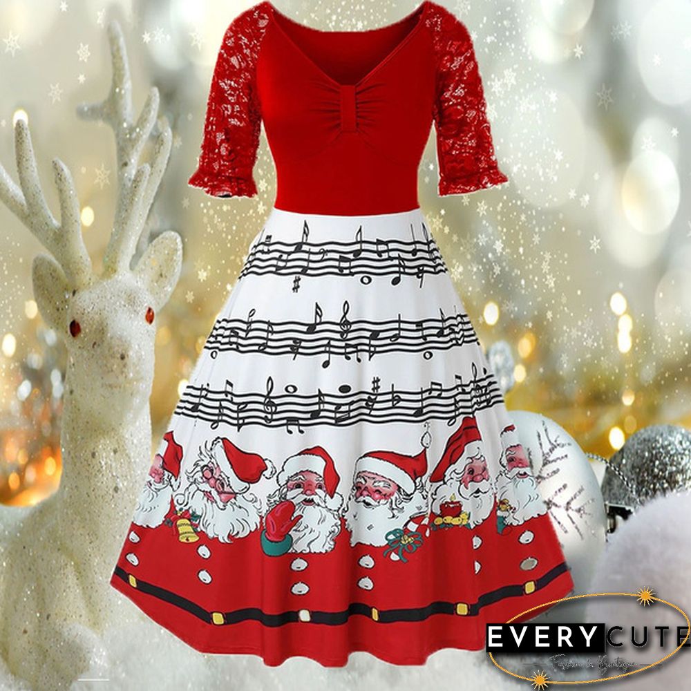 Christmas Party Dress Music Note Santa Print Lace Short Sleeve Dress Plus Size