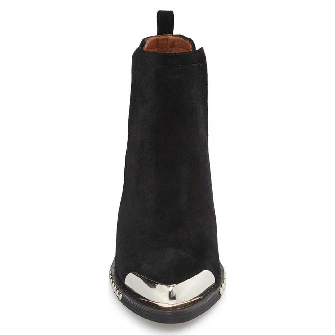 Black Faux Suede Metallic Toe Studded Block Heel Ankle Boots   