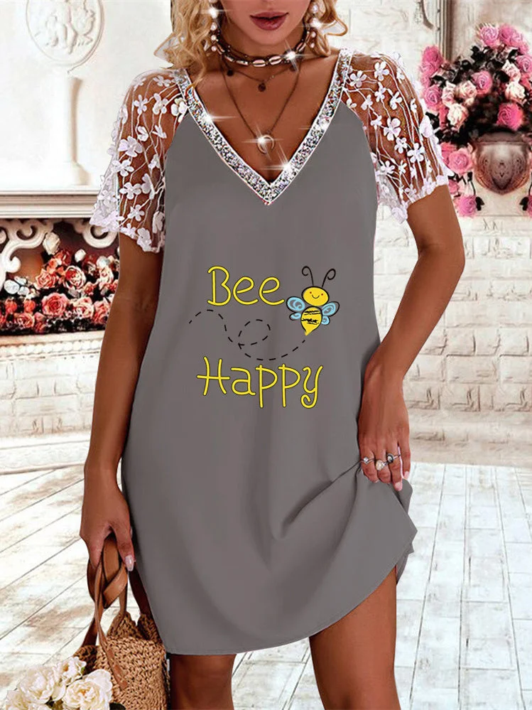 Women's Short Sleeve V-neck Lace Graphic Printed Midi Dress