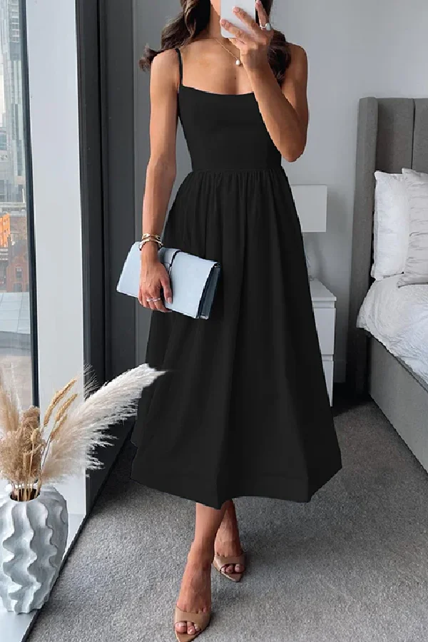 Spaghetti Strap Plain Midi A-Line Dress
